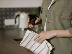 person holding spray bottle and cloth in a kitchen