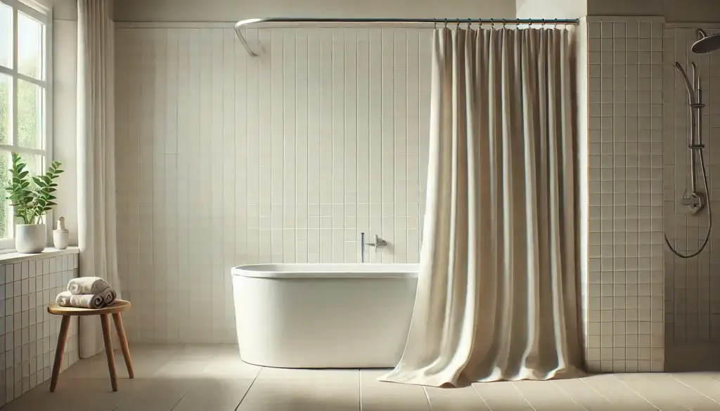 a bathroom with a tub and shower curtain