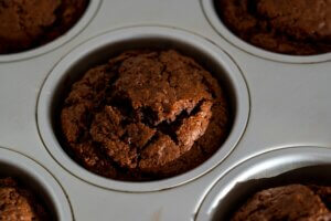 healthy chocolate muffins in baking tray